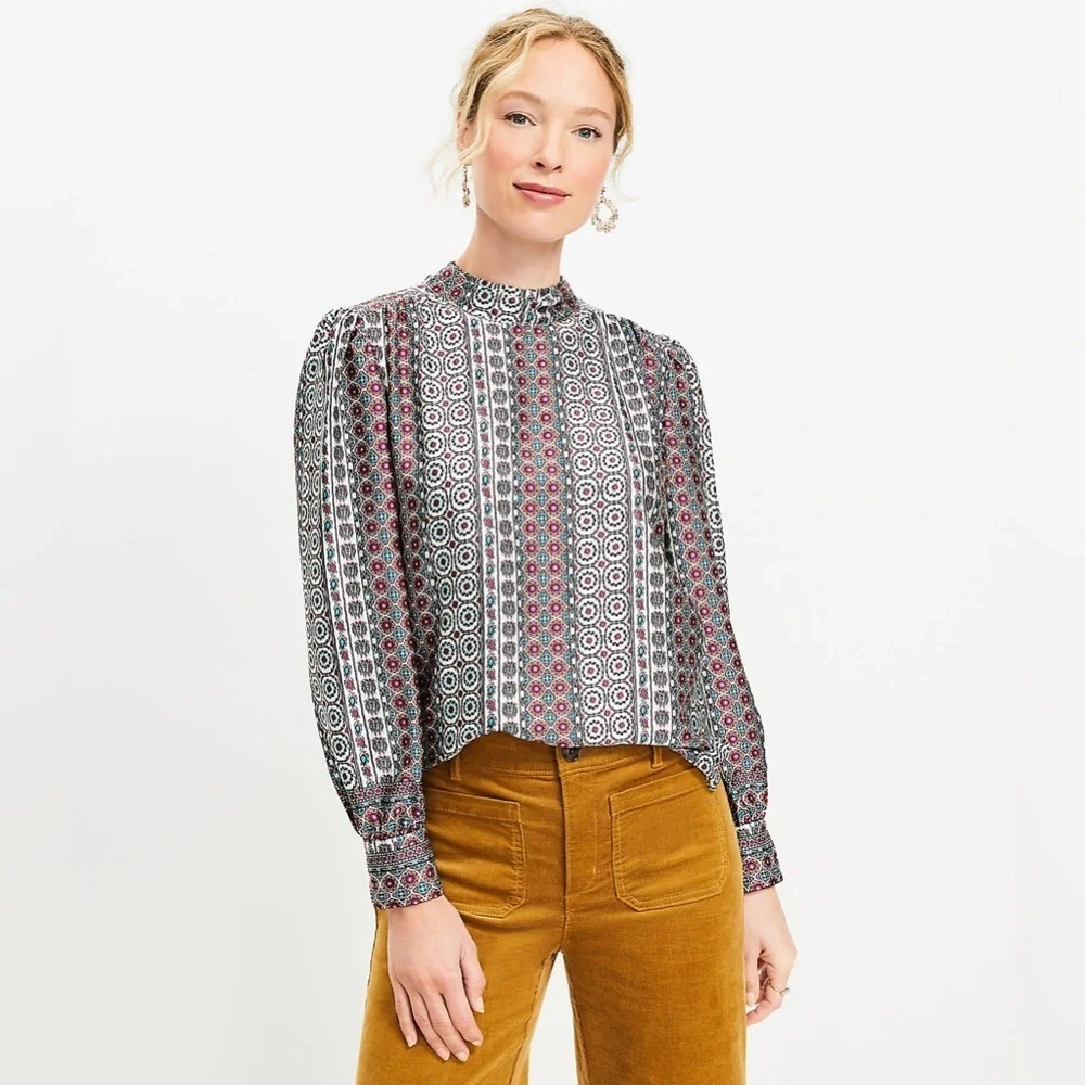 Loft Womens Tied Tie Front V Neck Long Sleeve Blouse Multicolor Size XL NEW